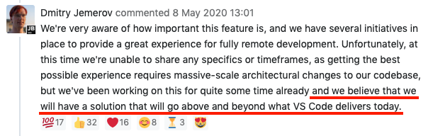 JetBrains employee commenting on remote development support
