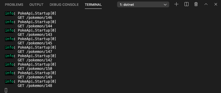 VS Code Remote Container integrated terminal with Pokémon API logging